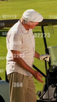 Vertical video: Senior golfer parking cart on fairway before shot, checking club, numeric overlay