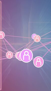 Vertical video: Nodes spreading, clustering around pulsing purple node, signaling network merge