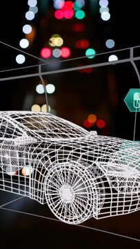 Vertical video: On boot, white wire car staying static, teal HUD icons linking, showing systems