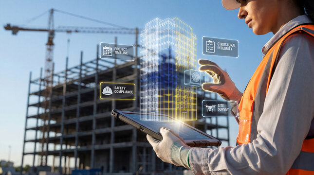 Female civil engineer using AI holographic BIM interface with virtual 3D building model for project management, structural integrity analysis and safety compliance at construction site