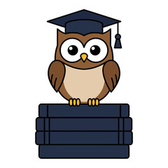 An adorable owl wearing a graduation cap sits proudly atop a stack of academic books, symbolizing knowledge and education