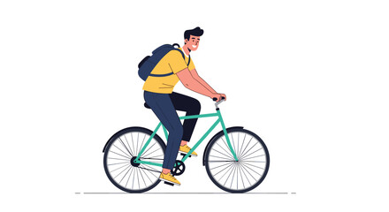 Fototapeta premium Happy young man with a backpack riding a green bicycle along a city street in a modern and flat design illustration.