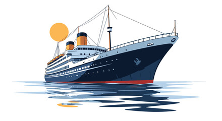Fototapeta premium Majestic cruise ship or ocean liner sailing across the calm water towards a large orange setting sun on the horizon line.