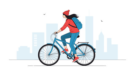 Fototapeta premium Young woman with a red hat and backpack rides her blue bicycle through the modern city street against a stylized skyline background.