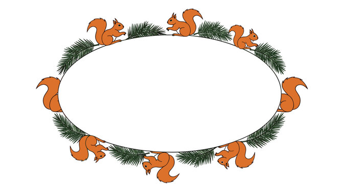 Decorative oval border featuring cute orange squirrels perched on green pine needle branches with a clean white center space.