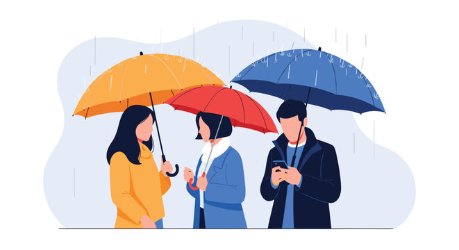 Three people with colorful umbrellas walking through a rainy city street with one man checking his smartphone for messages.