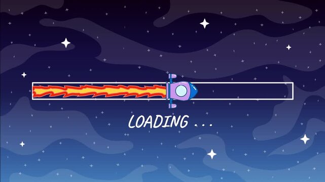 Cute Cartoon Rocket Loading Screen Animation with Flame Progress Bar Loop in Starry Space Background