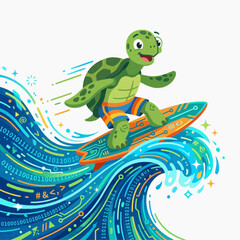 Obraz premium Sea turtle surfing a digital code wave