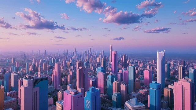 Aerial view of futuristic pastel city skyline under pink clouds at sunset