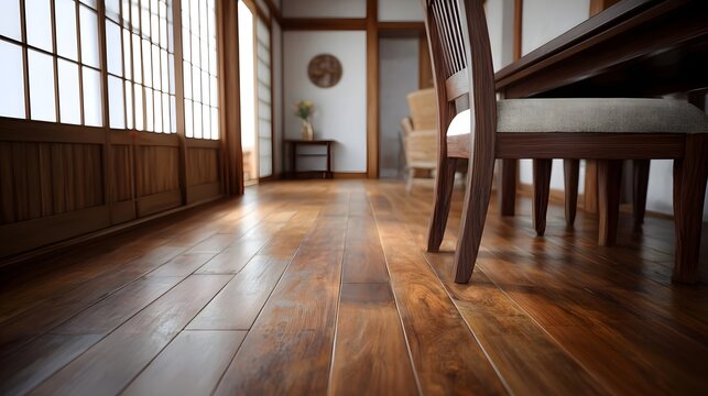 A side view of polished hardwood floors and wooden paneling establishing a serene space with a distinct traditional architectural aesthetic