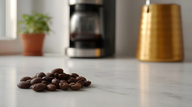A detailed closeup of roasted coffee beans displayed on a bright counter set against a blurred background featuring brewing equipment and greenery