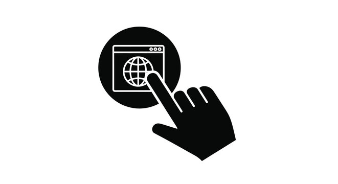 Clicking hand icon with browser window black silhouette on white