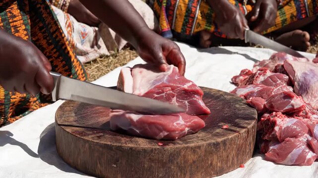 Traditional Meat Preparation showing African women slicing raw pork on a wooden block outdoors for culinary documentaries and food industry content.