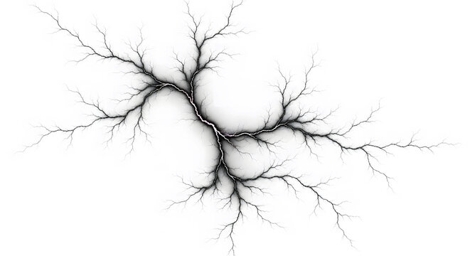 Abstract white background with black fractal lightning strike design intricate branched pattern.