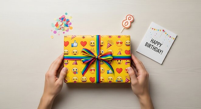 Bright Gift Box with Emoji Pattern Hands Present Birthday Mood