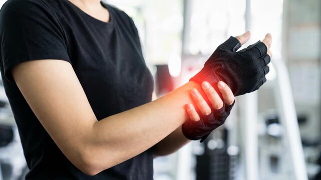 A person is showing wrist pain during workout at a gym. The individual adjusts their wrist support and appears to struggle with hand movements