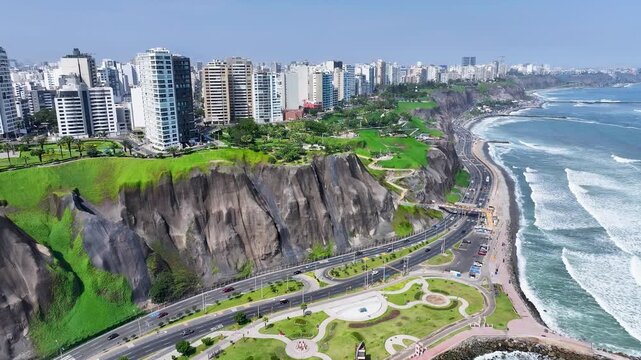 Lima Skyline In Miraflores In Lima Peru. Beach Landscape. Downtown District. Travel Destination. Lima Skyline In Miraflores In Lima Peru. Nature Park. Miraflores Neighborhood.
