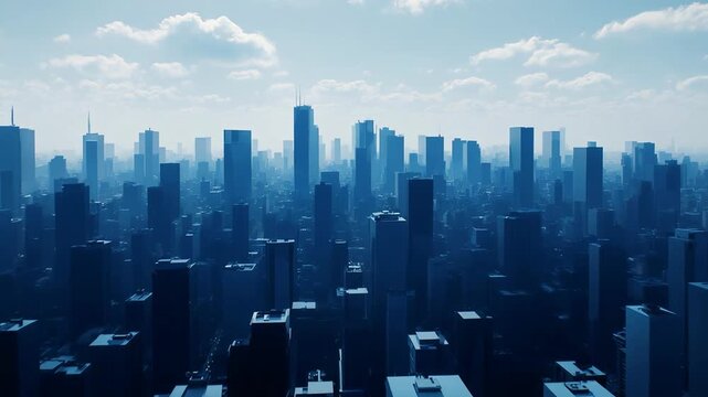 Futuristic blue megacity skyline with dense high rise buildings and soft haze