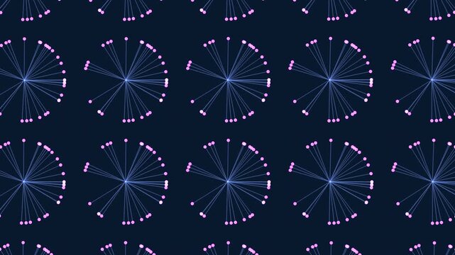 Animated radial particle arcs and connecting lines rotate on a dark blue background, creating a seamless geometric pattern for technology, data, science, and motion design