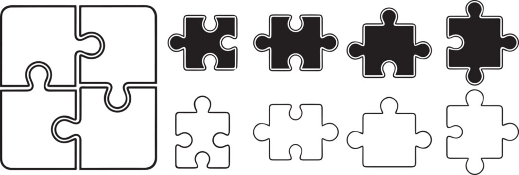 Puzzle pieces icon set. Puzzle jigsaw icons on white background - stock vector.