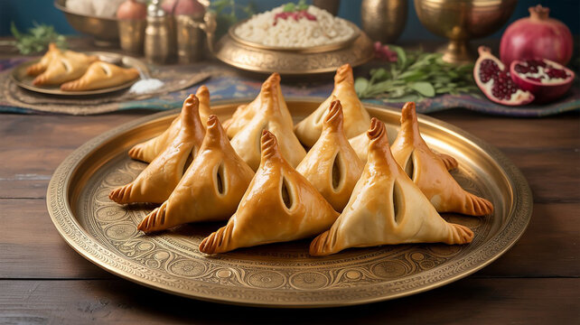 A richly detailed photograph of golden triangular samsa pastries arranged on an ornate royal Indian Mughal thaal