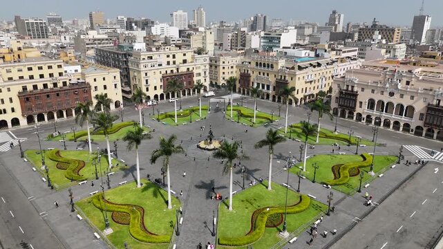 Plaza Mayor In Lima Capital City Of Peru. Government Building Scenery. Downtown Cityscape. Cultural Heritage Skyline. Plaza Mayor In Lima Capital City Of Peru. Plaza De Armas Square.