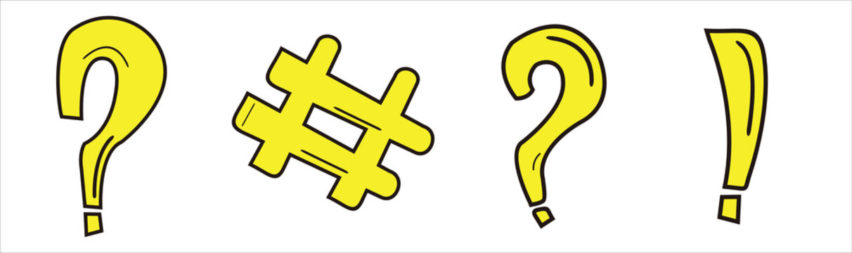 Yellow punctuation symbol set with question marks, exclamation, and hashtag in bold cartoon style. Hand drawn doodle icons isolated on light background for communication, social media, and messaging d