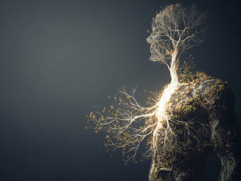 Luminous organic figure merging wood and anatomy representing life force and transformation
