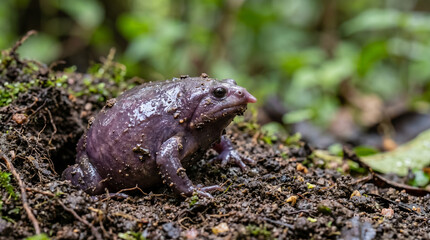 Obraz premium Purple frog on wet soil in tropical jungle