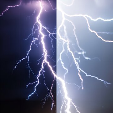 Lightning bolts thunderstorm split exposure comparison vivid branches versus overexposed strike dramatic natural phenomenon photography concept
