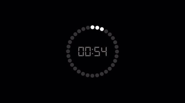 Digital countdown timer animation (60&ndash;0 seconds), transparent background, 4K video