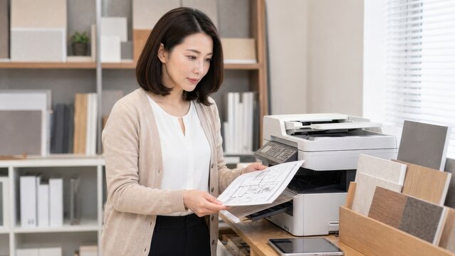 オフィスで複合機を使い図面のコピーを取るリフォーム事務員
