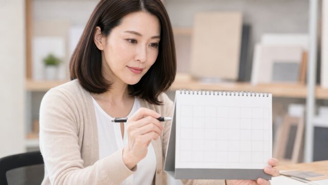 卓上カレンダーを手に持ちスケジュールの説明をするリフォーム事務員