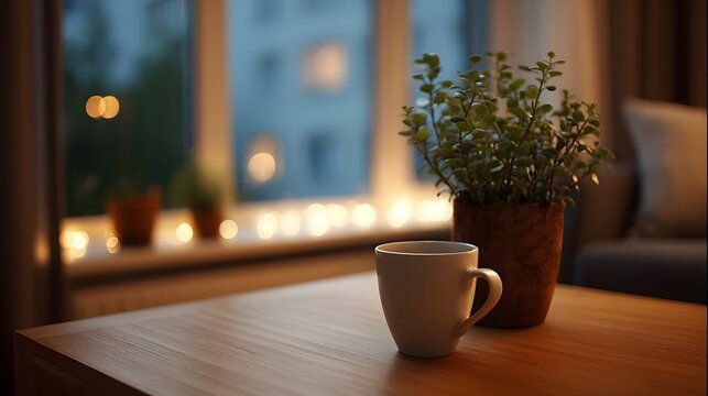 A cozy still life featuring a potted green houseplant and a white cup placed on a wooden table bathed in soft natural daylight