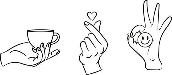 Fototapeta premium Set of hand gestures holding a coffee cup, making a finger heart and an ok sign