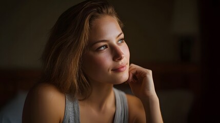 Fototapeta premium Natural window light illuminates a woman s thoughtful profile capturing a moment of quiet reflection and serene emotion