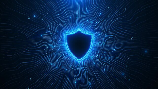 Cyber security shield background with glowing blue protection icon, flowing data lines, binary digits, digital space. security videos, network protection, AI intros, software promos, and tech overlays