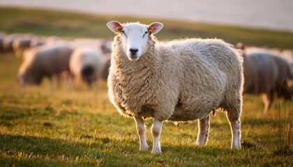 Fototapeta premium close up of a fluffy sheep s face in a grassy field with a flock in the background