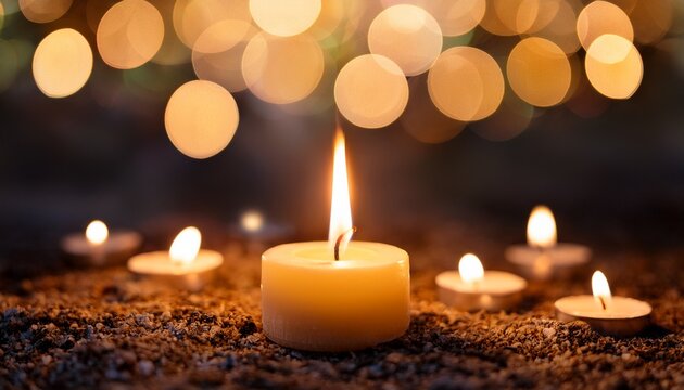 burning candles on the ground with beautiful bokeh backgroun