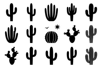 Fototapeta premium Silhouette collection of diverse cactus shapes and designs.