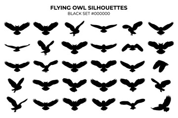 Obraz premium Various flying owl silhouettes black set collection of bird shapes.