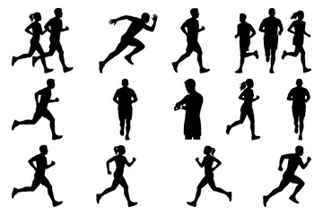 Fototapeta premium Silhouettes of runners in various poses and activities.