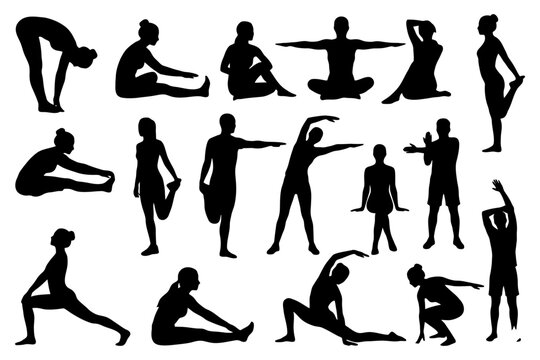 Silhouette yoga poses collection with diverse people in various fitness positions.