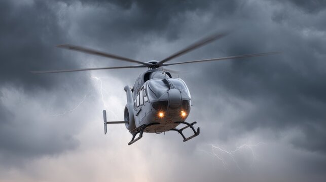 Dramatic rescue helicopter silhouette against thunderstorm with flashing lightning bolts