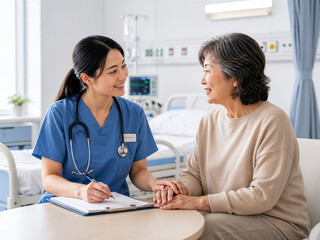 Obraz premium Asian nurse comforting elderly patient, hospital care, asian senior healthcare, nursing support, medical consultation, patient recovery, compassionate caregiver.