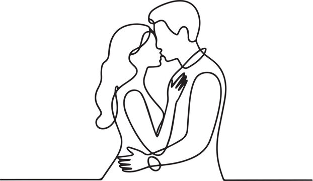 young couple embracing in simple line art illustration on white background