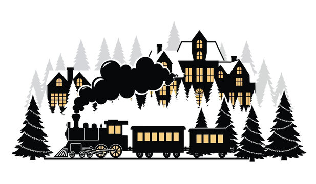 silhouette of a steam train with village and forest background black and white graphic high quality professional detailed modern elegant stylish clean crisp vibrant
