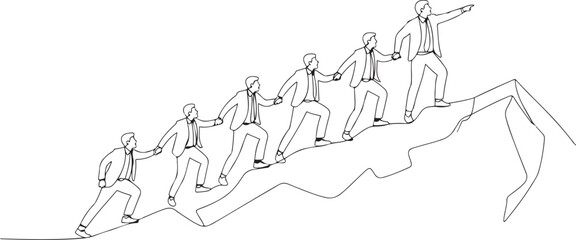 Continuous one single line drawing group of businesspeople helping each other hike up a mountain Business, success, leadership. one line icon drawing vector © jinnatun
