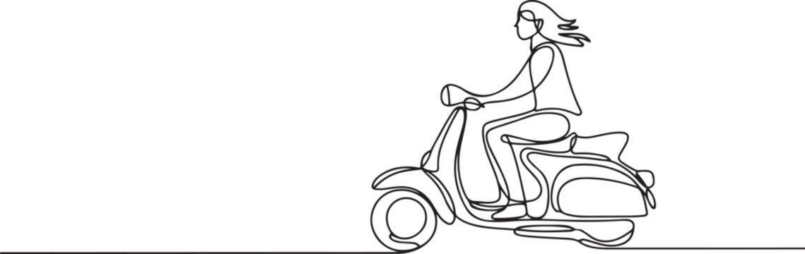 Riding motor scooter in continuous one line drawing. Single line art illustration of person ride retro scooter. one line icon drawing vector