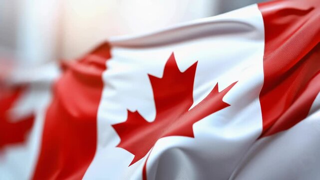 Canada Day celebration with a vibrant Canadian flag waving on a golden flagpole, symbolizing national pride, patriotism, freedom, and identity against a soft background